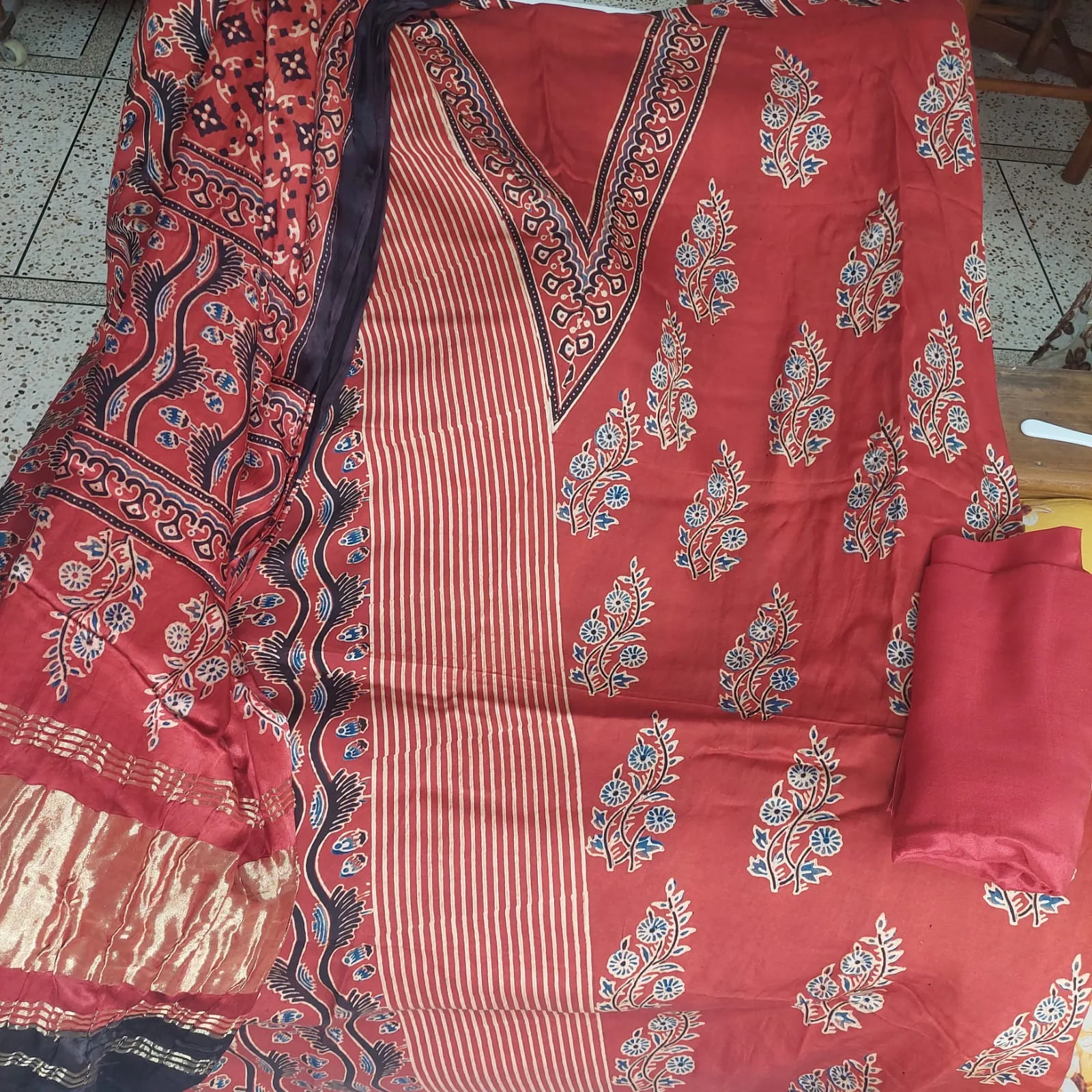 Azrak Unstitched Three-Piece, Brick Red Floral Print