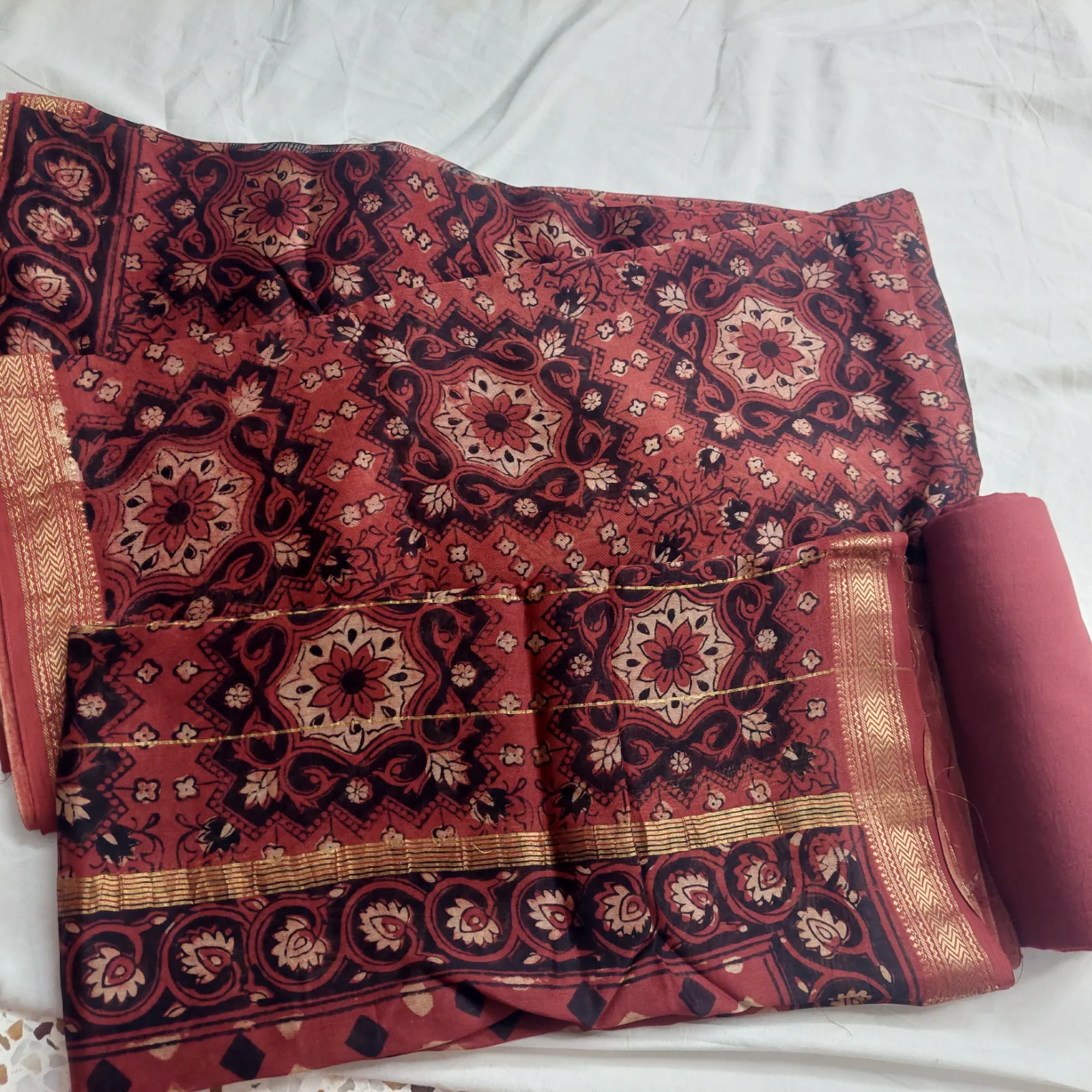 Maheshwari Silk Unstitched Three-Piece, Rust Red Floral Print
