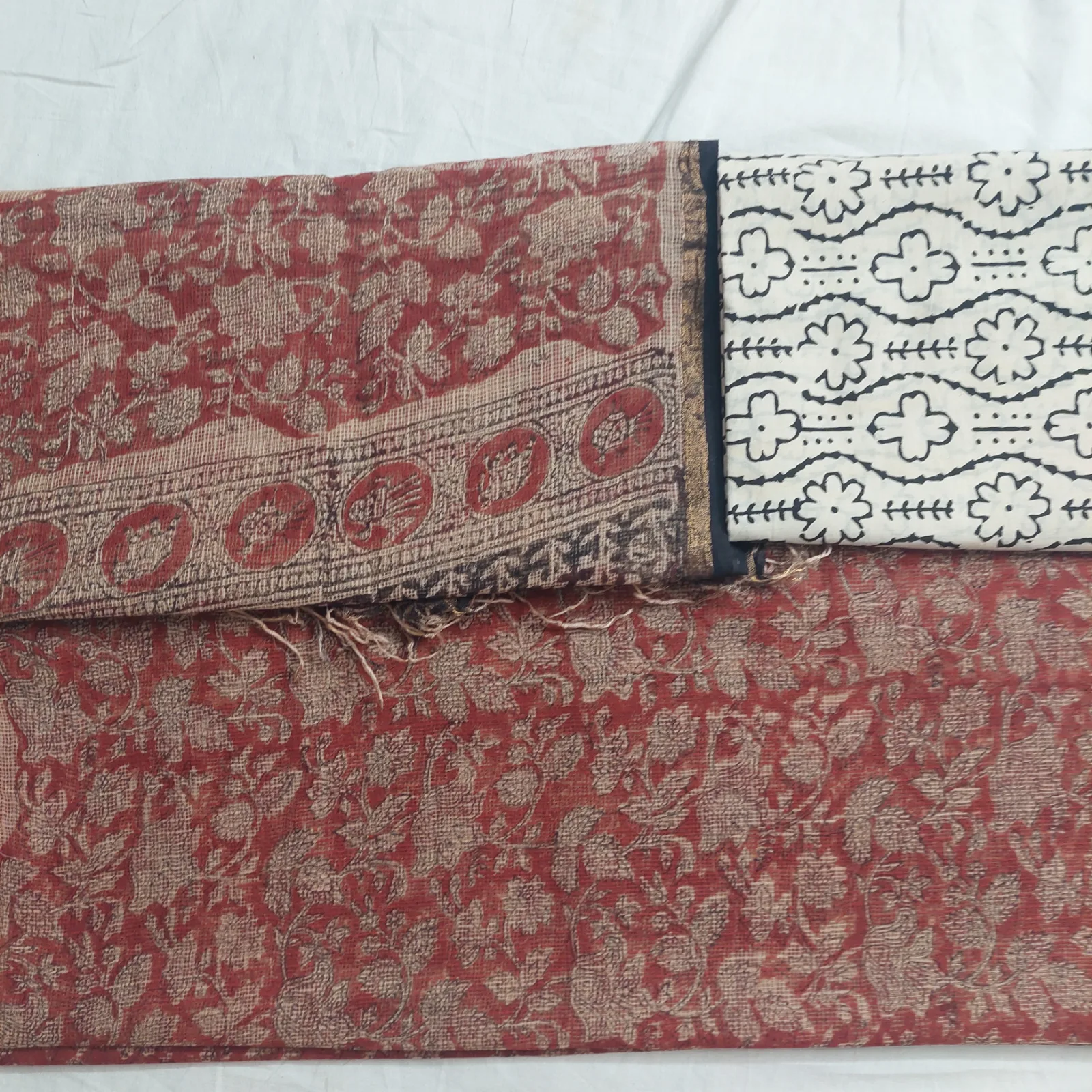 Bagru Cotta Unstitched Three-Piece, Brick Red Floral Print
