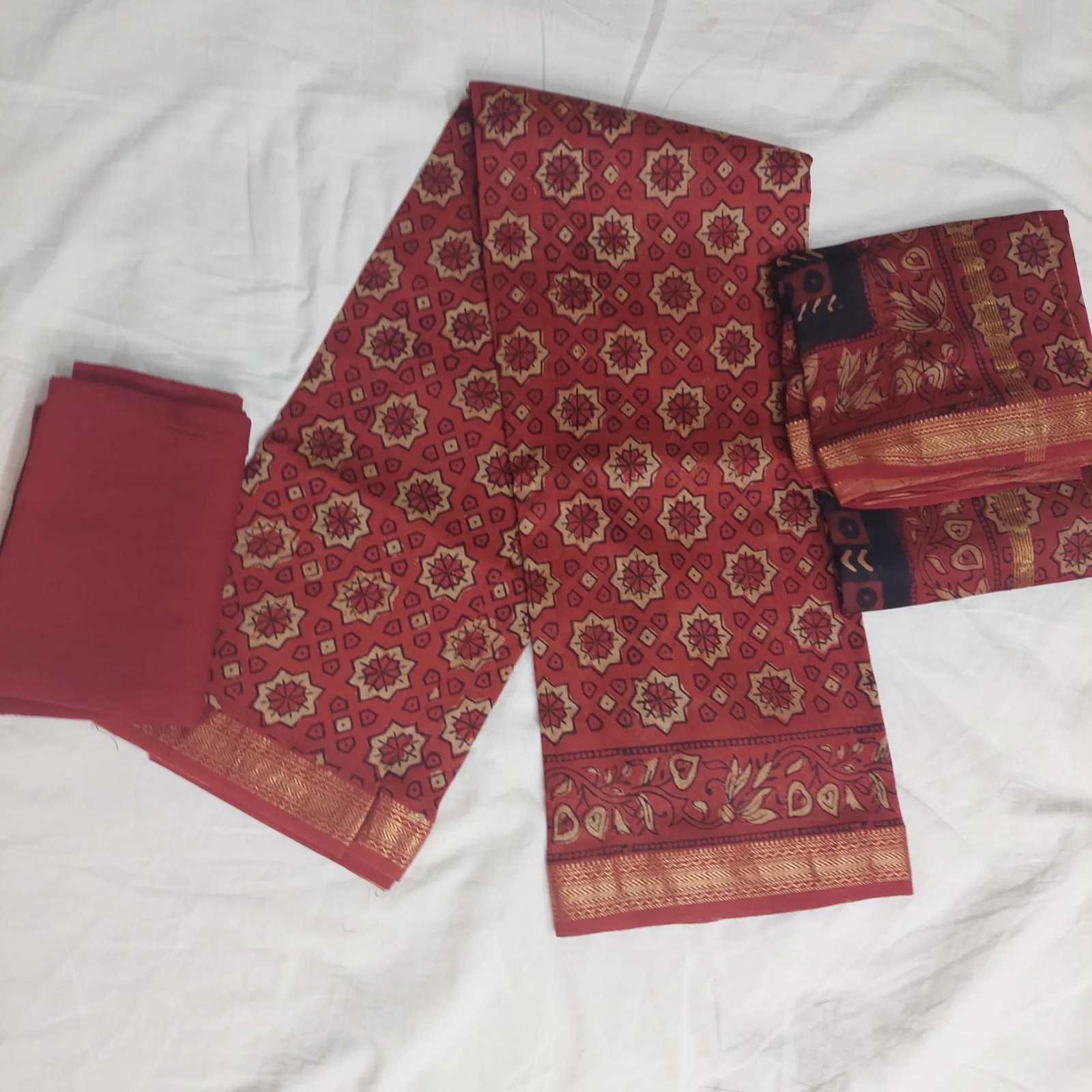Maheshwari Silk Unstitched Three-Piece, Brick Red Floral Print