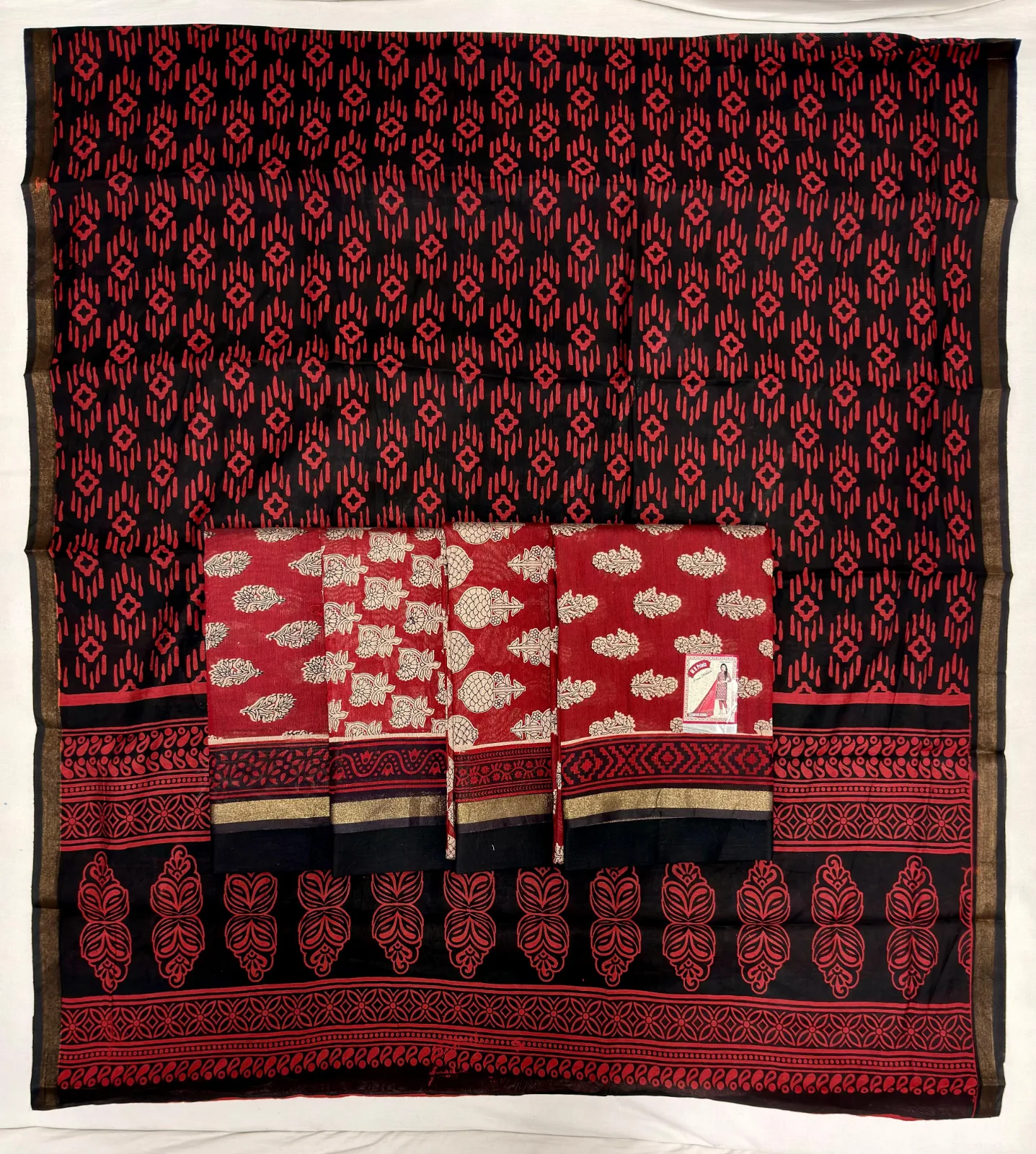 Maheshwari Silk Unstitched Two-Piece, Red & Black Motif Print