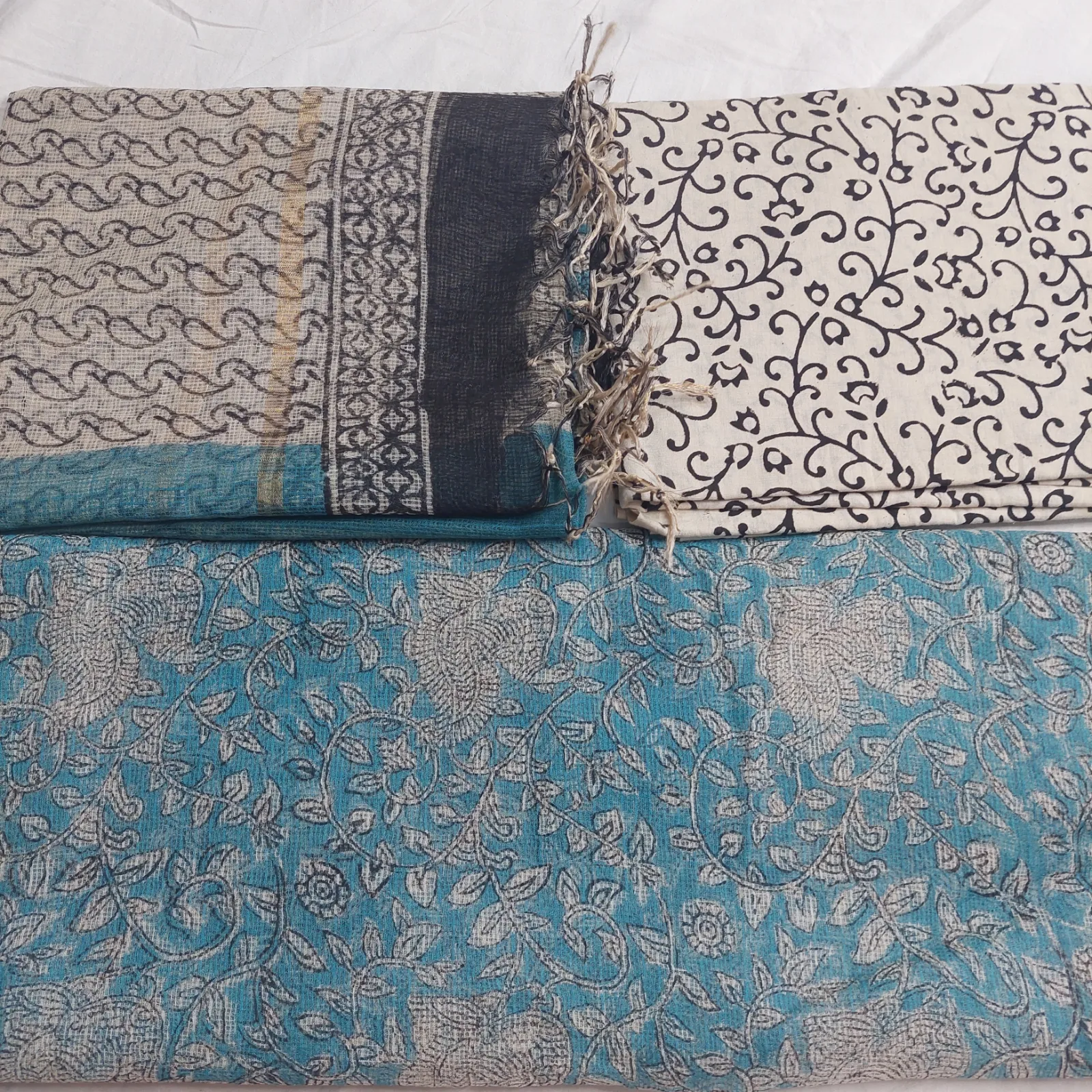Bagru Cotta Unstitched Three-Piece, Teal Floral Print