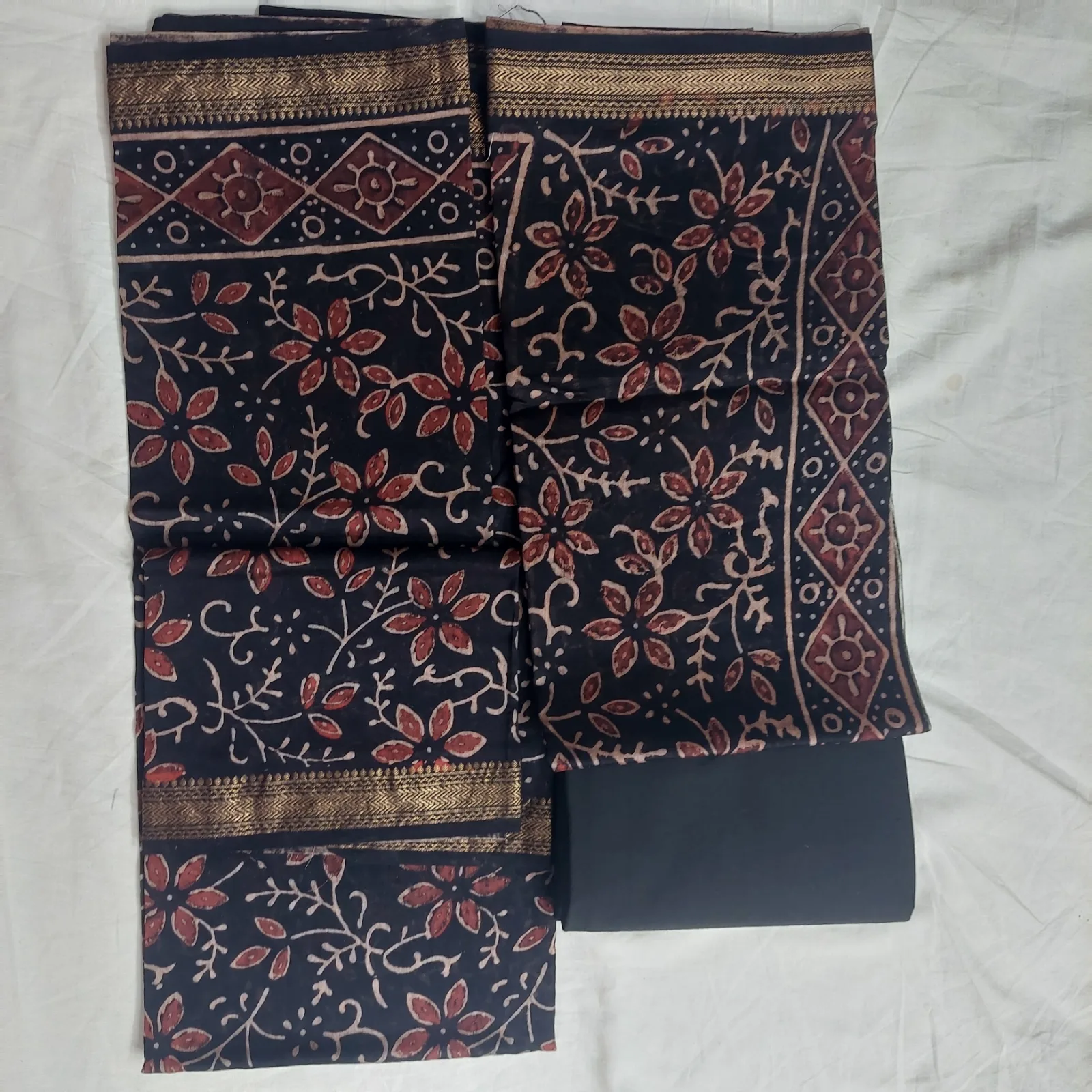 Maheshwari Silk Unstitched Three-Piece, Black Floral Print