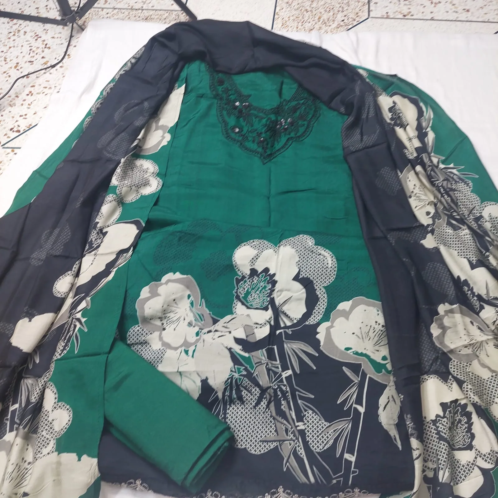 Varsha Unstitched Three-Piece, Teal Green Floral Work